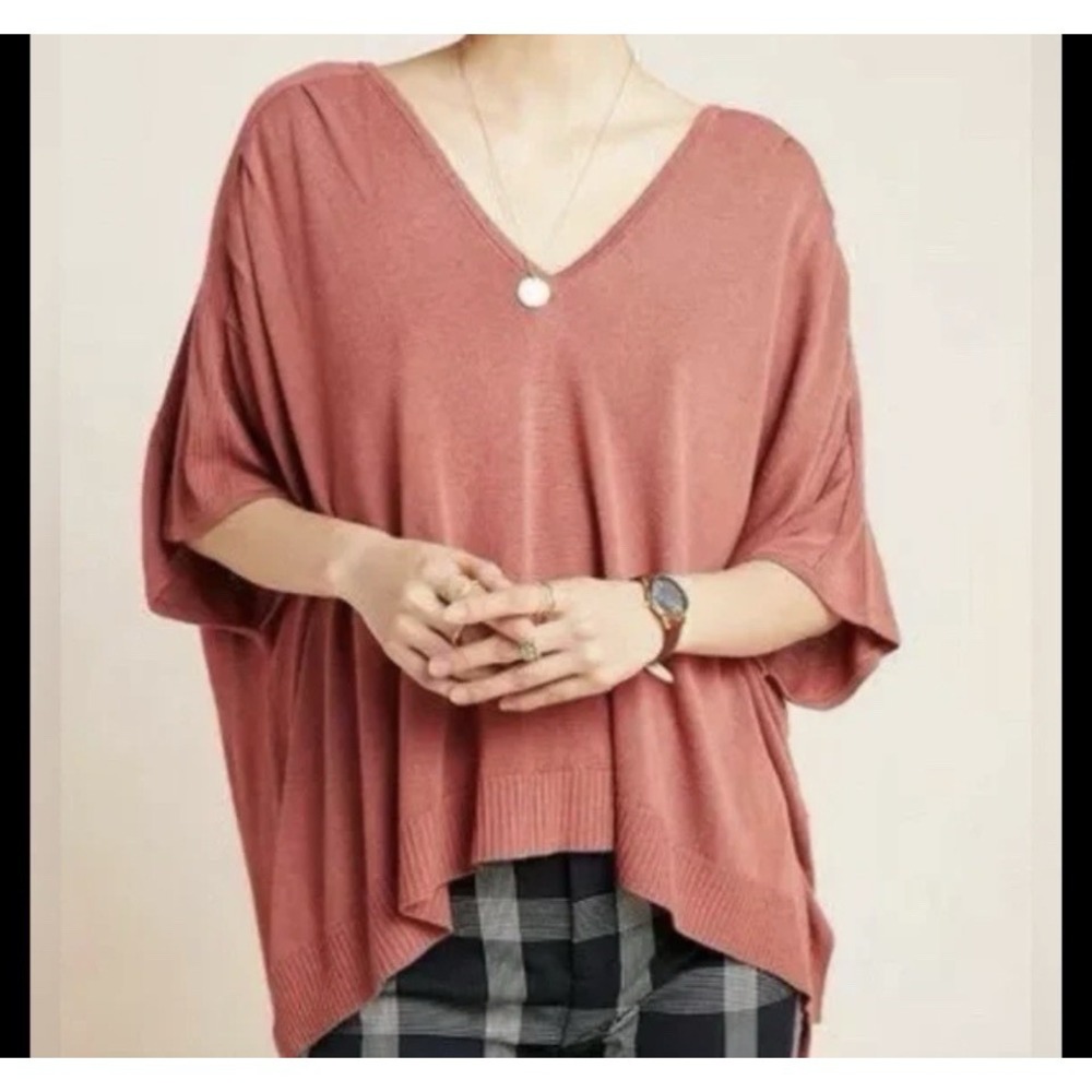 Anthropologie Clara Knit Kimono Top Blouse Brick Brown V-neck Pullover Boho Sz M